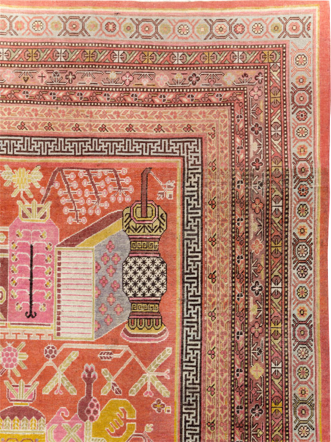 Antique East Turkestan Vase Khotan Small Room Size Carpet, No.31144 - Staging