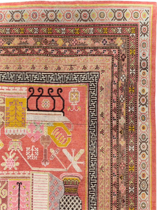 Antique East Turkestan Vase Khotan Small Room Size Carpet, No.31144 - Staging