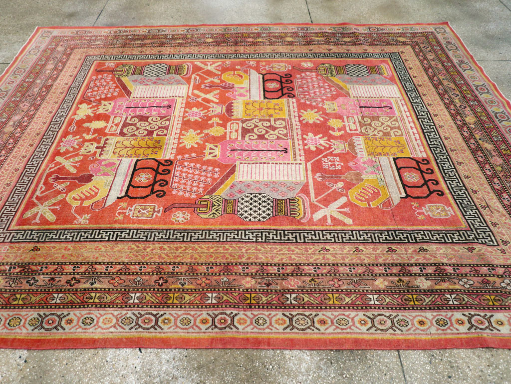 Antique East Turkestan Vase Khotan Small Room Size Carpet, No.31144 - Staging