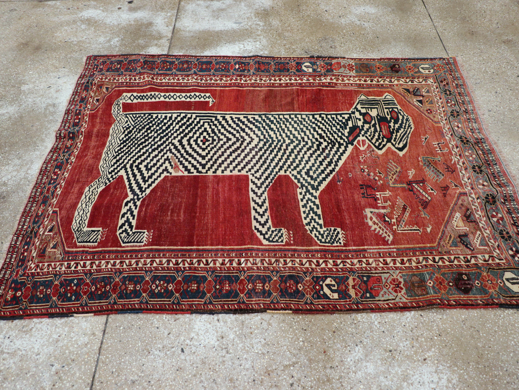 Antique Persian Qashqai Pictorial Accent Rug, No.31320 - Staging