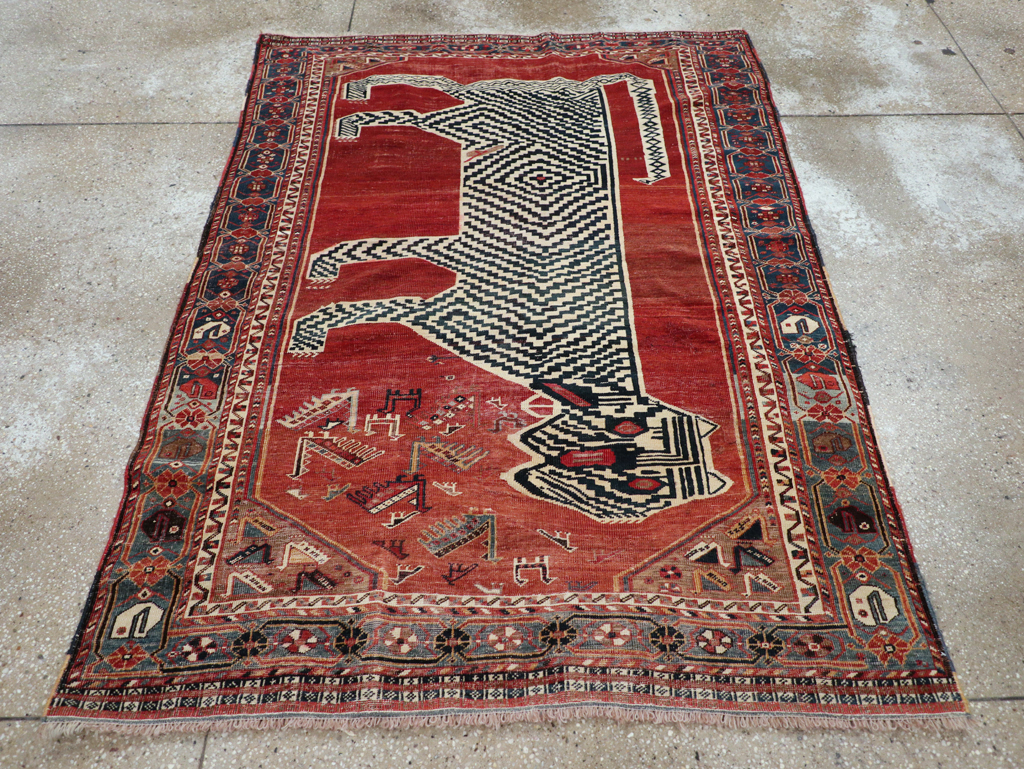 Antique Persian Qashqai Pictorial Accent Rug, No.31320 - Staging
