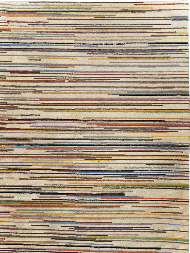 Contemporary Turkish Striped Room Size Carpet, No.31335 - Staging