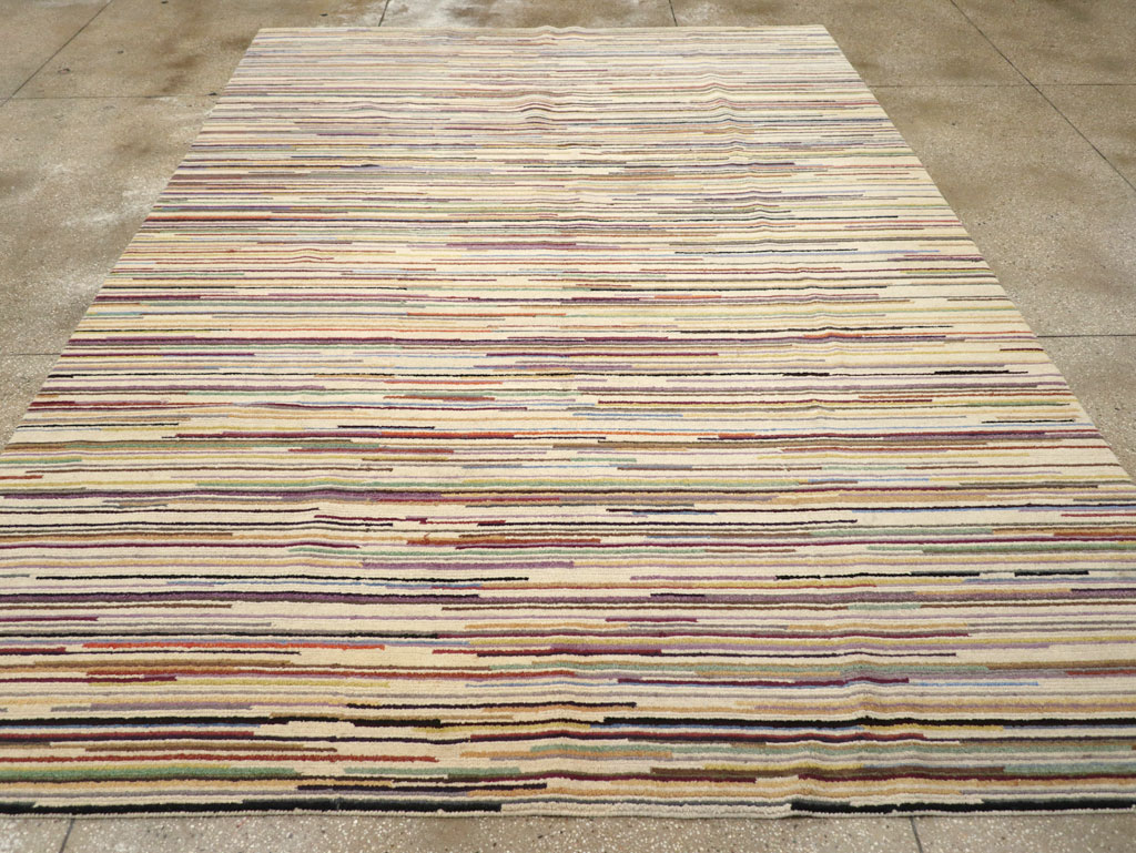 Contemporary Turkish Striped Room Size Carpet, No.31335 - Staging
