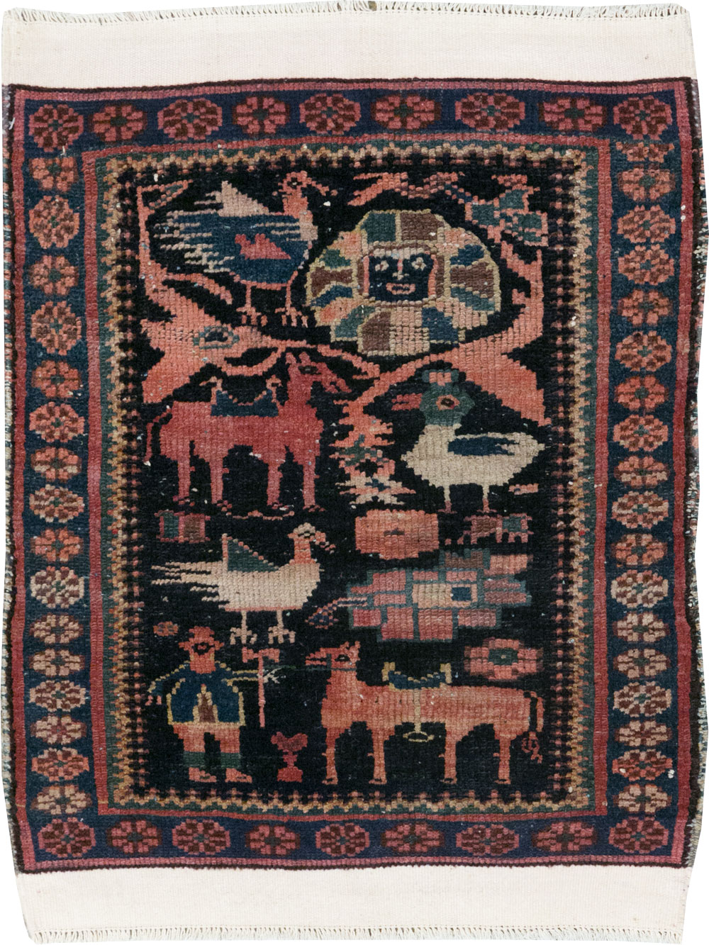 Antique Persian Kurdish Pictorial Throw Rug, No.31345 - Staging