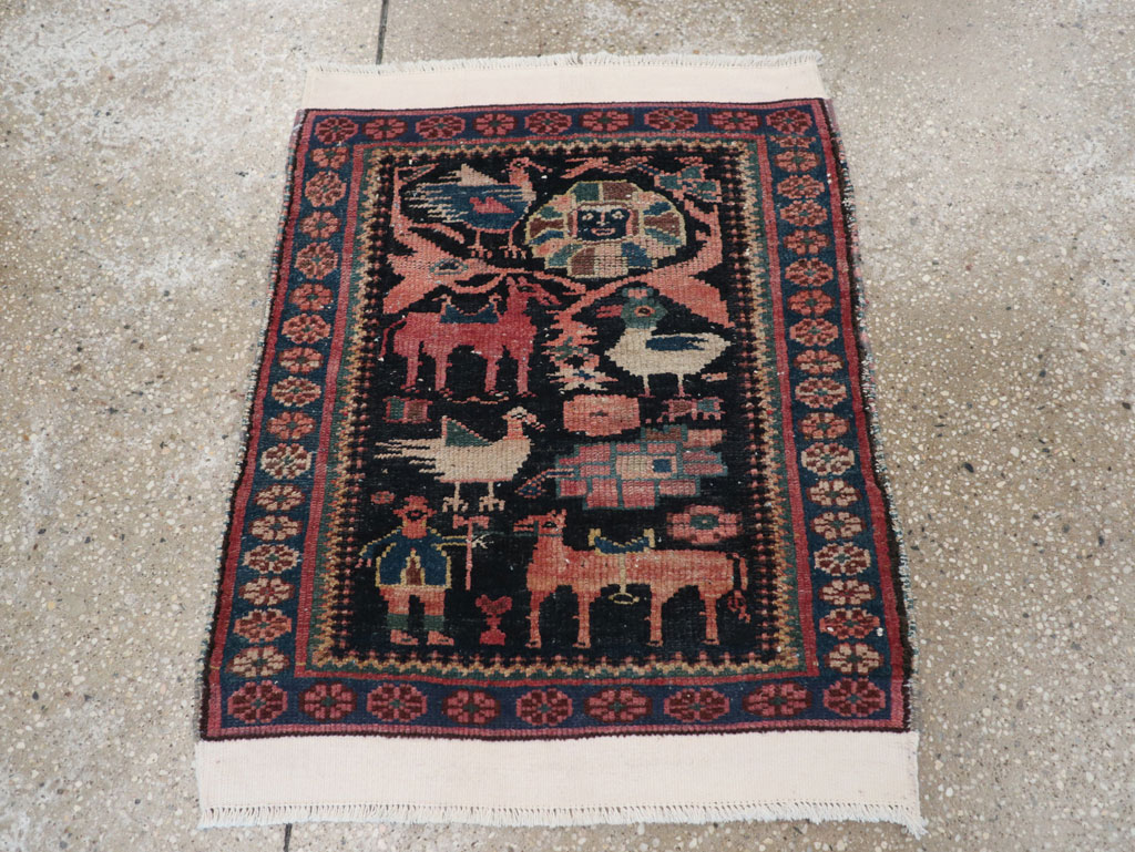Antique Persian Kurdish Pictorial Throw Rug, No.31345 - Staging