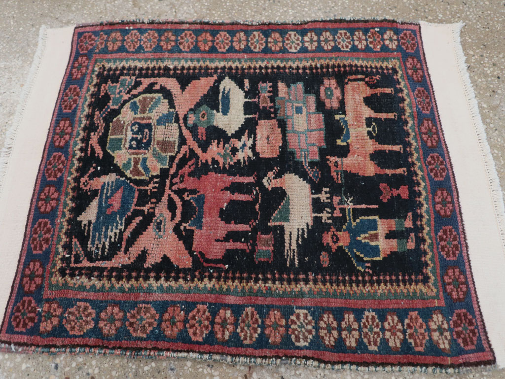 Antique Persian Kurdish Pictorial Throw Rug, No.31345 - Staging