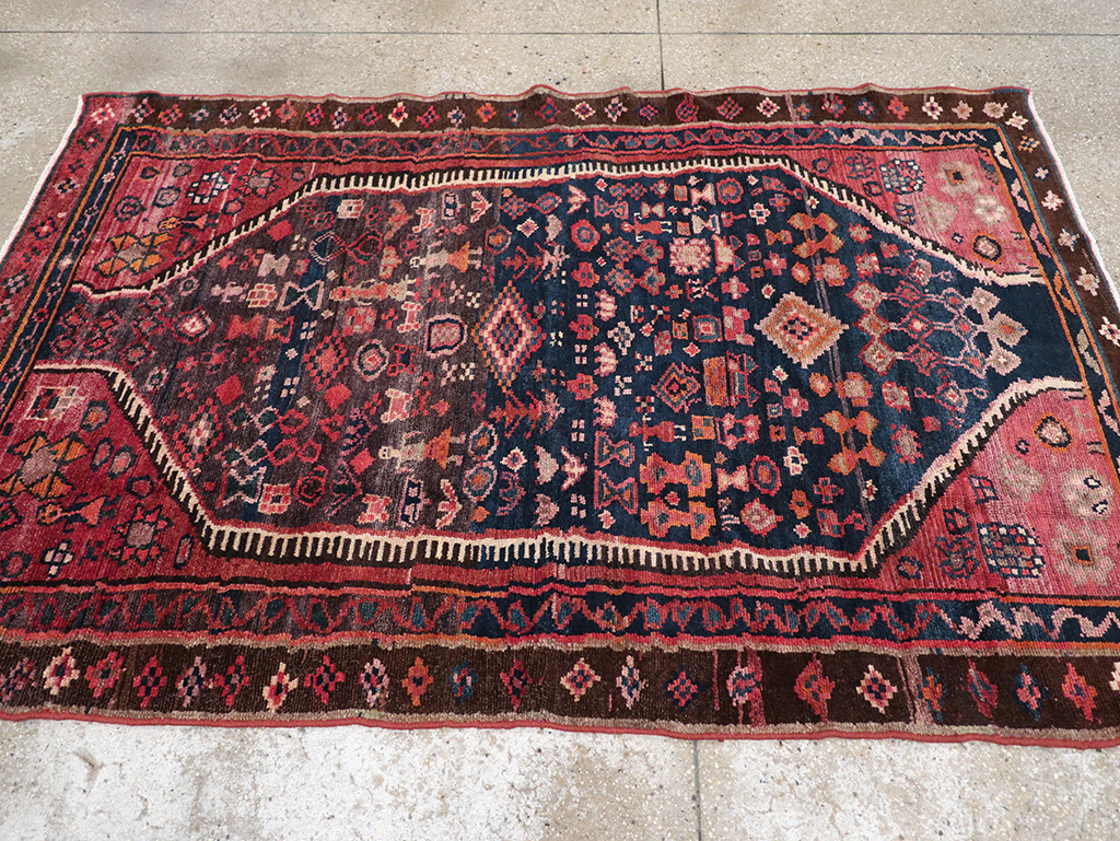 Vintage Persian Hamadan Pictorial Accent Rug, No.31413 - Staging