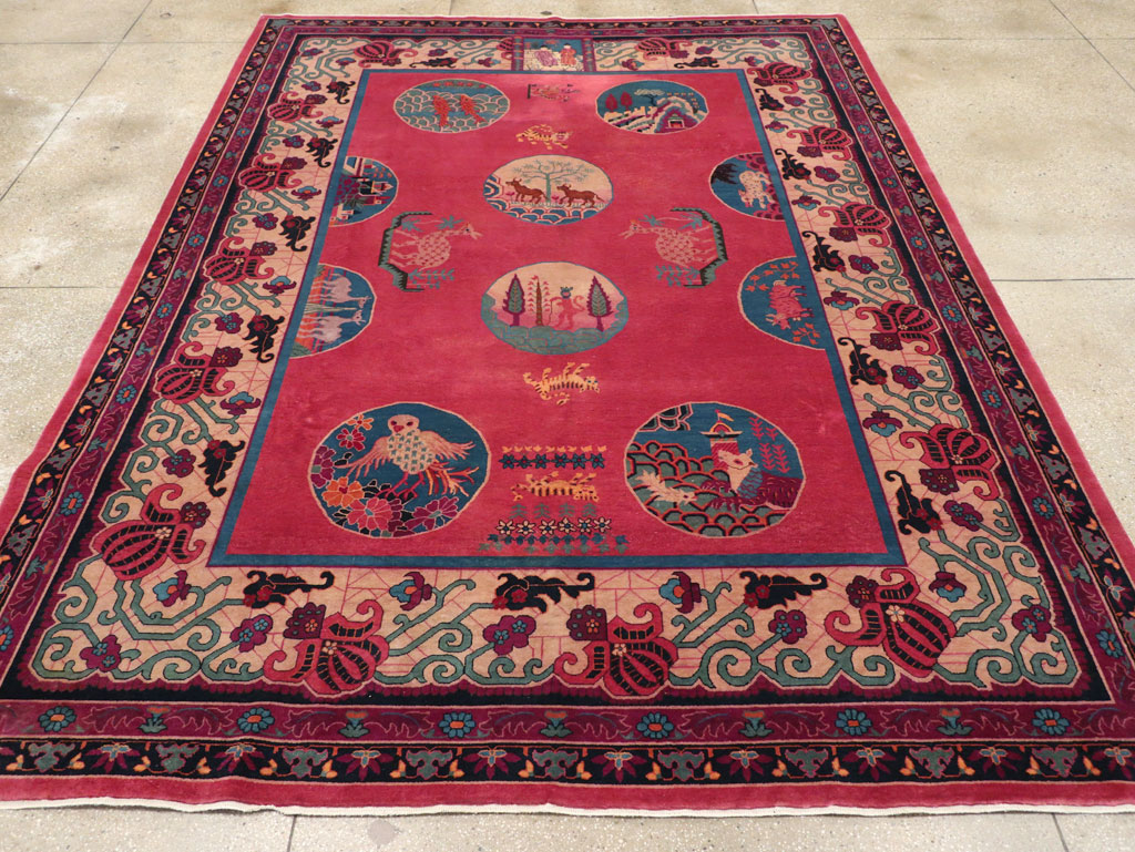 Vintage Chinese Pictorial Art Deco Room Size Carpet, No.31475 - Staging