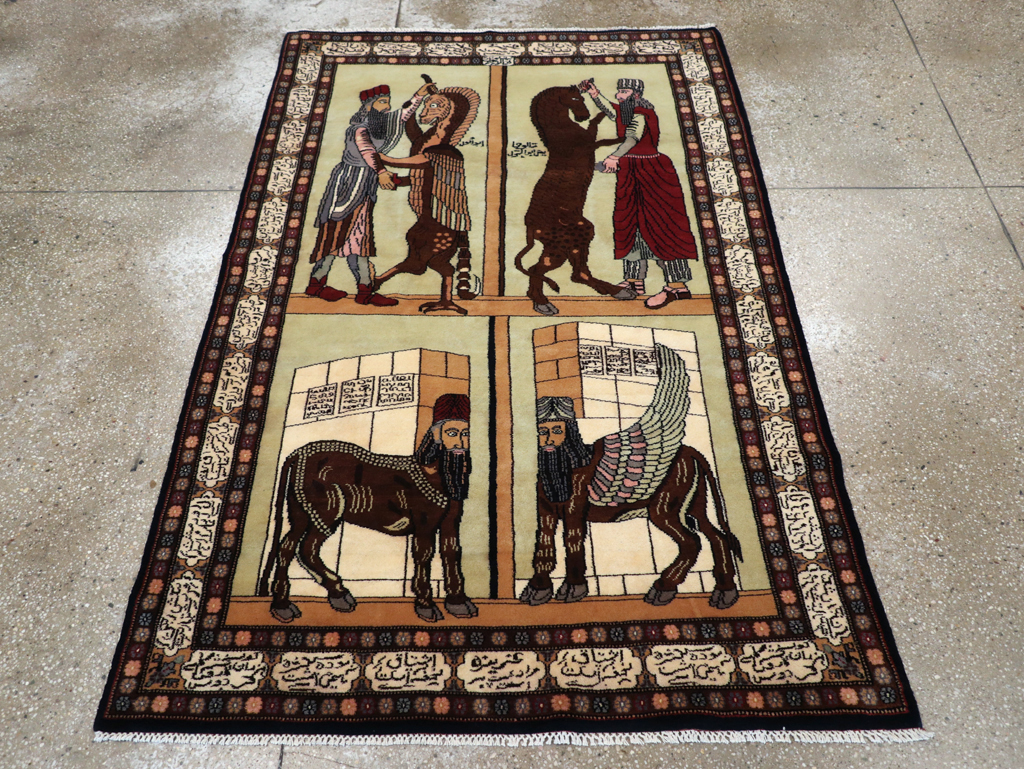 Vintage Turkish Zanjan Pictorial Accent Rug, No.31477 - Staging