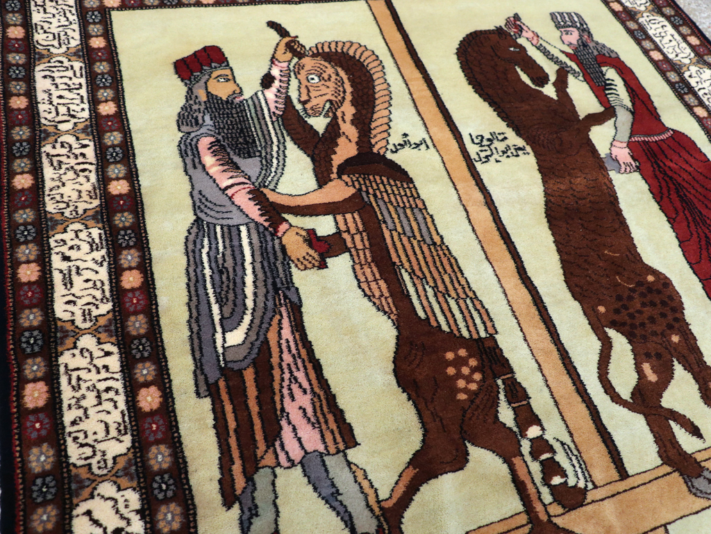 Vintage Turkish Zanjan Pictorial Accent Rug, No.31477 - Staging