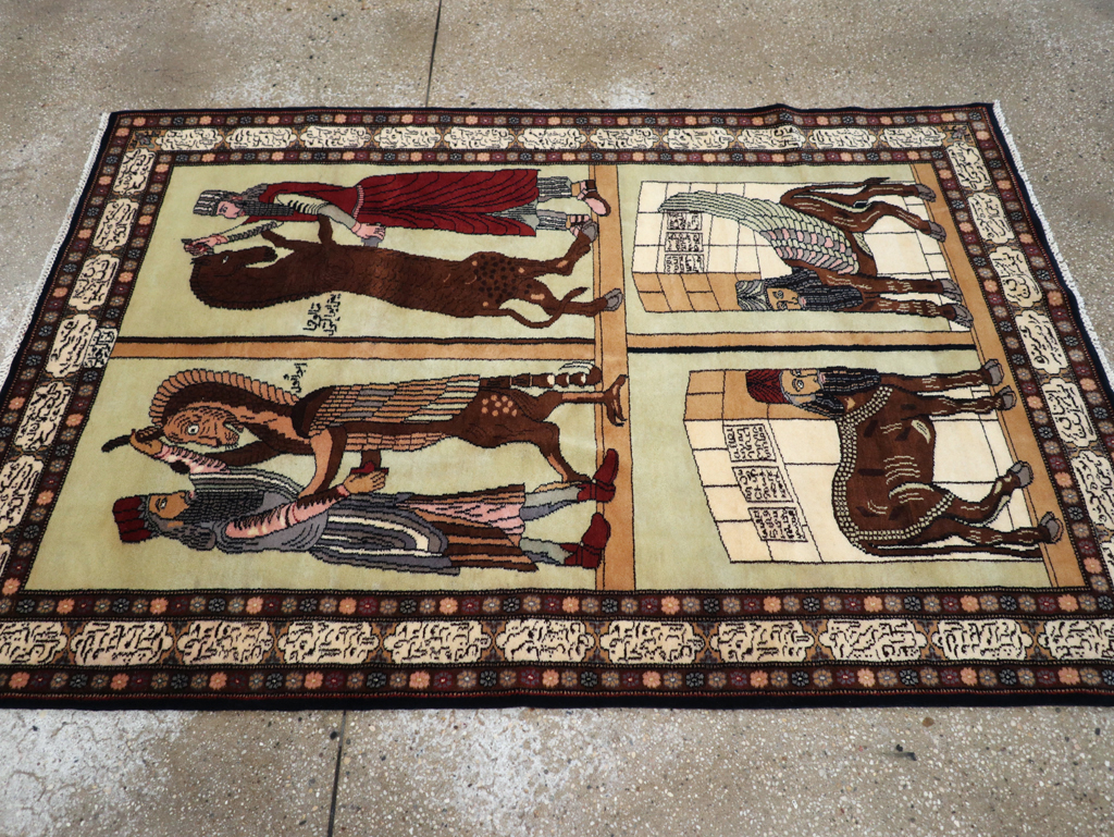 Vintage Turkish Zanjan Pictorial Accent Rug, No.31477 - Staging