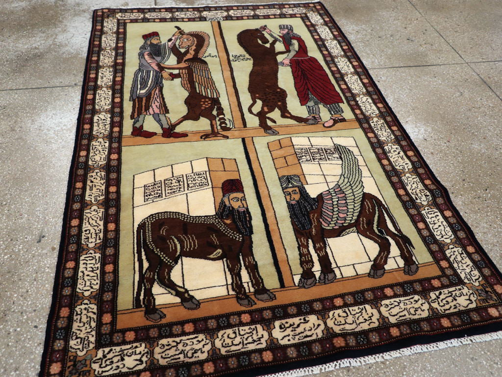 Vintage Turkish Zanjan Pictorial Accent Rug, No.31477 - Staging