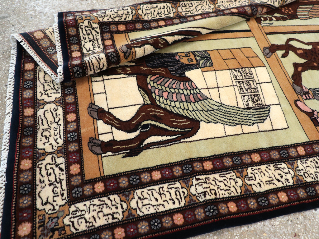 Vintage Turkish Zanjan Pictorial Accent Rug, No.31477 - Staging