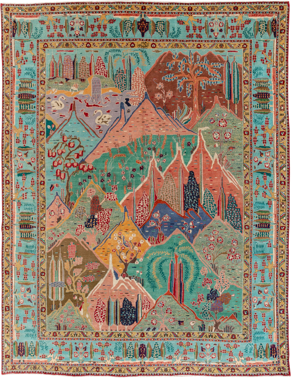 Vintage Persian Tabriz Pictorial Room Size Carpet, No.31566 - Staging