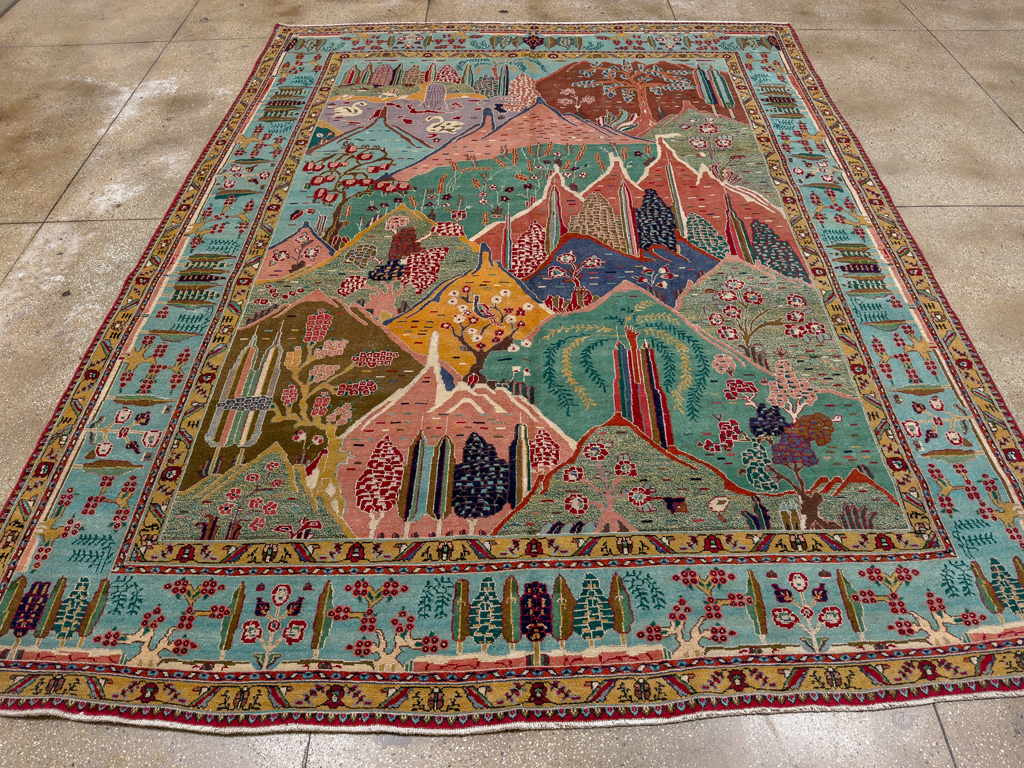 Vintage Persian Tabriz Pictorial Room Size Carpet, No.31566 - Staging