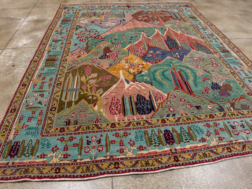Vintage Persian Tabriz Pictorial Room Size Carpet, No.31566 - Staging