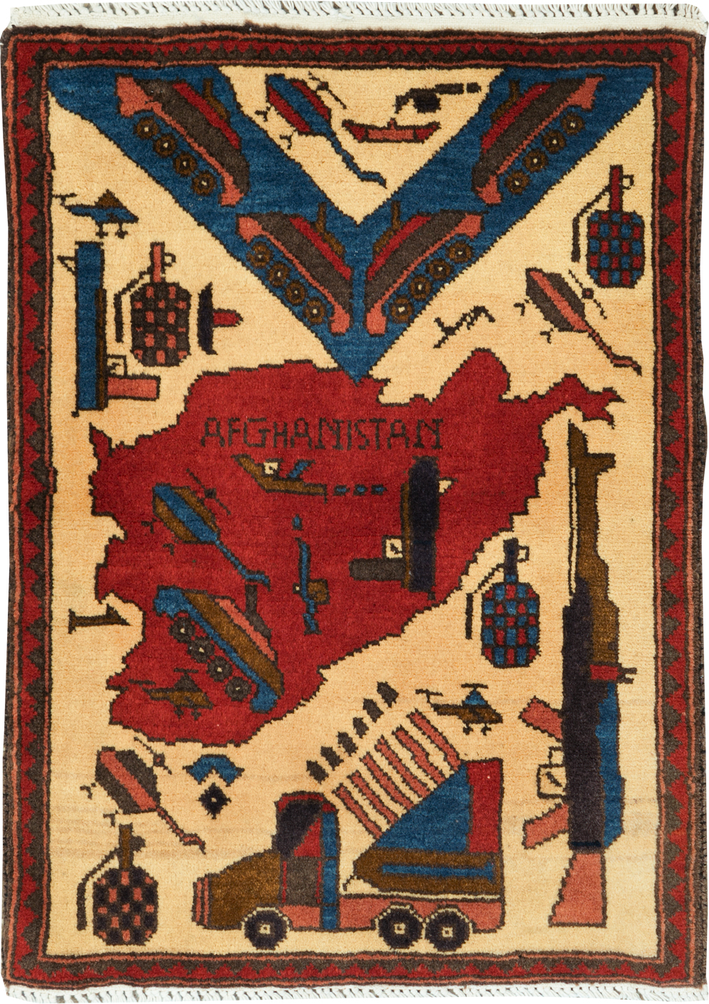 Vintage Afghan Pictorial War Map Rug, No.31628 - Staging