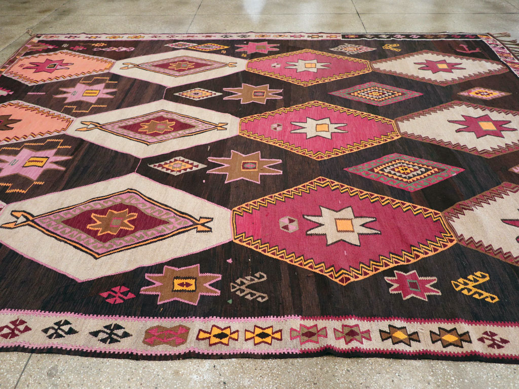 Vintage Turkish Flatweave Kilim Room Size Carpet, No.31648 - Staging