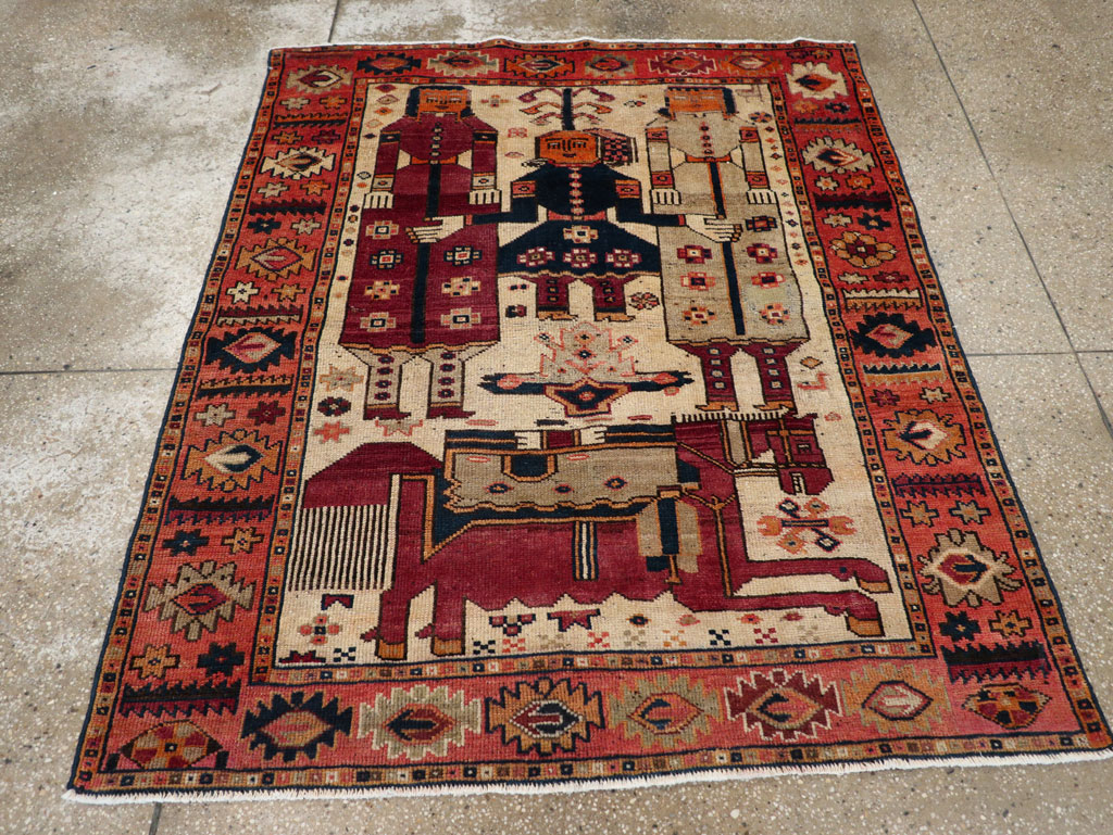 Vintage Persian Pictorial Bakhtiari Tribal Accent Rug, No.31741 - Staging