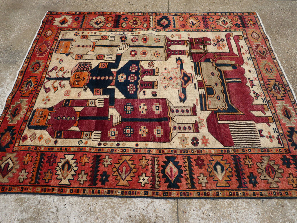 Vintage Persian Pictorial Bakhtiari Tribal Accent Rug, No.31741 - Staging
