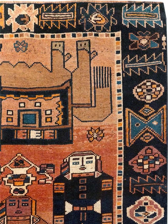 Vintage Persian Pictorial Bakhtiari Accent Rug, No.31743 - Staging
