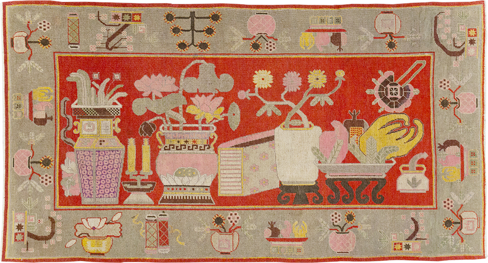 Antique East Turkestan Pictorial Vase Khotan Rug, No.31790 - Staging