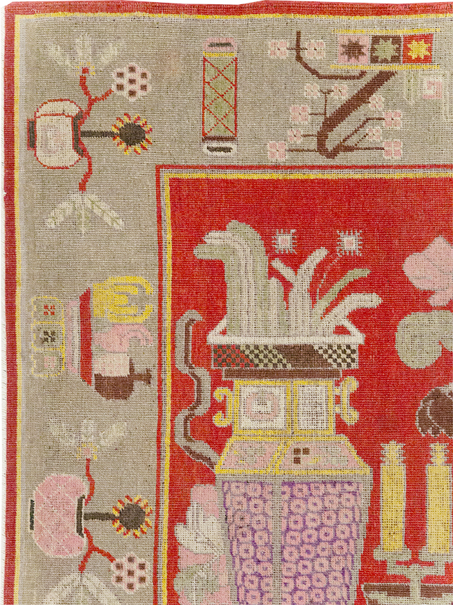 Antique East Turkestan Pictorial Vase Khotan Rug, No.31790 - Staging