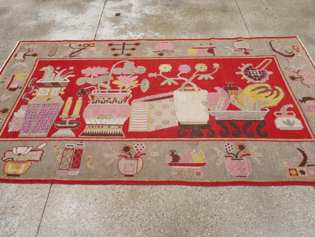 Antique East Turkestan Pictorial Vase Khotan Rug, No.31790 - Staging