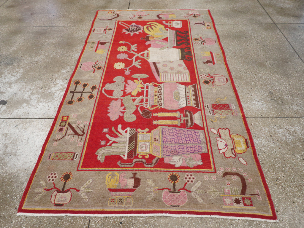 Antique East Turkestan Pictorial Vase Khotan Rug, No.31790 - Staging