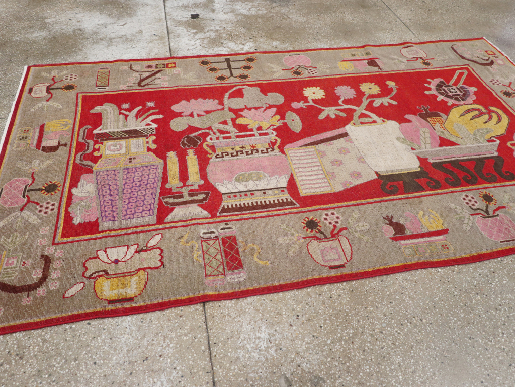 Antique East Turkestan Pictorial Vase Khotan Rug, No.31790 - Staging