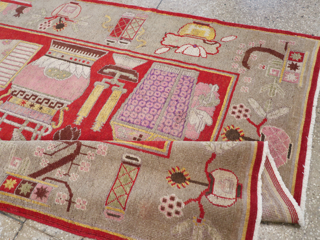 Antique East Turkestan Pictorial Vase Khotan Rug, No.31790 - Staging