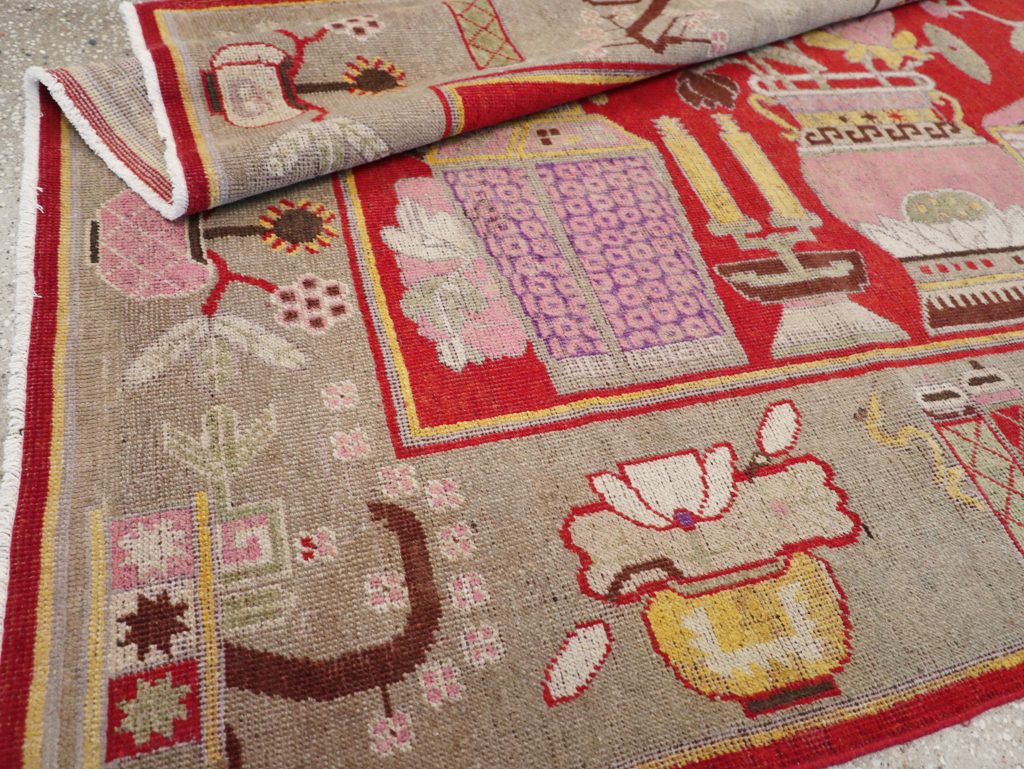 Antique East Turkestan Pictorial Vase Khotan Rug, No.31790 - Staging