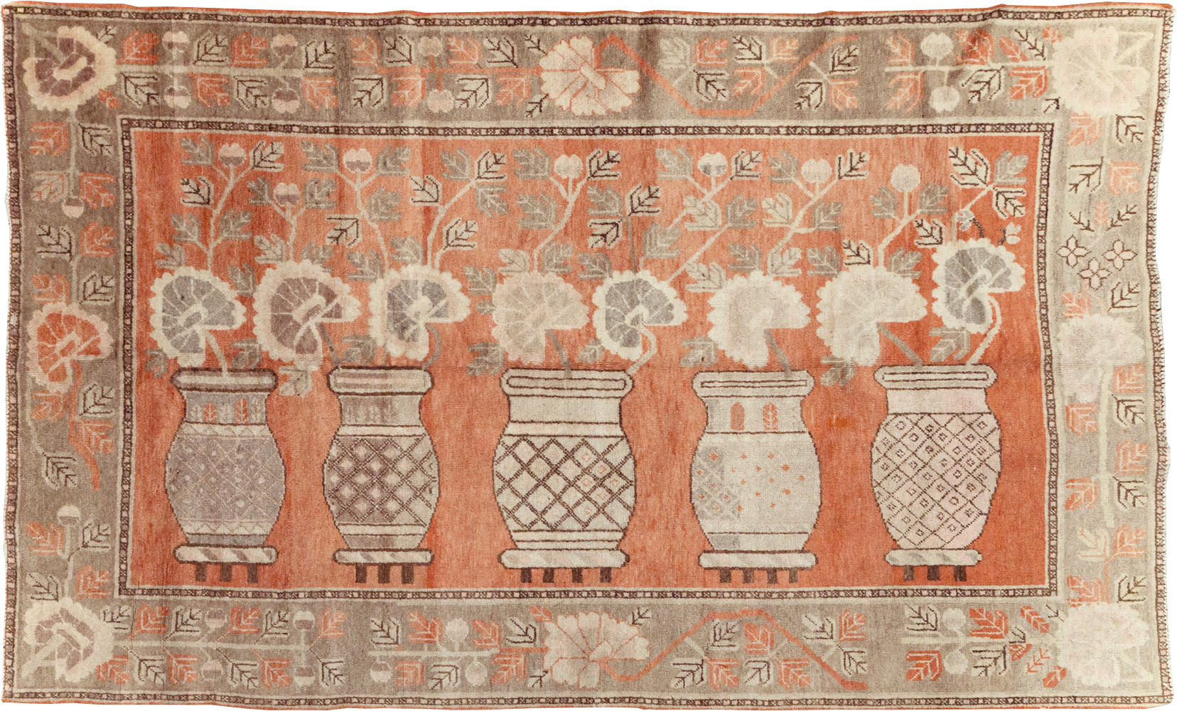 Antique East Turkestan Pictorial Vase Khotan Accent Rug, No.31791 - Staging