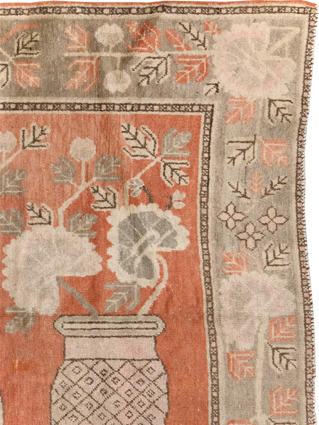 Antique East Turkestan Pictorial Vase Khotan Accent Rug, No.31791 - Staging