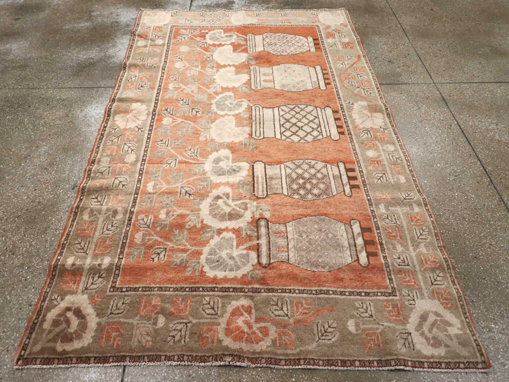 Antique East Turkestan Pictorial Vase Khotan Accent Rug, No.31791 - Staging