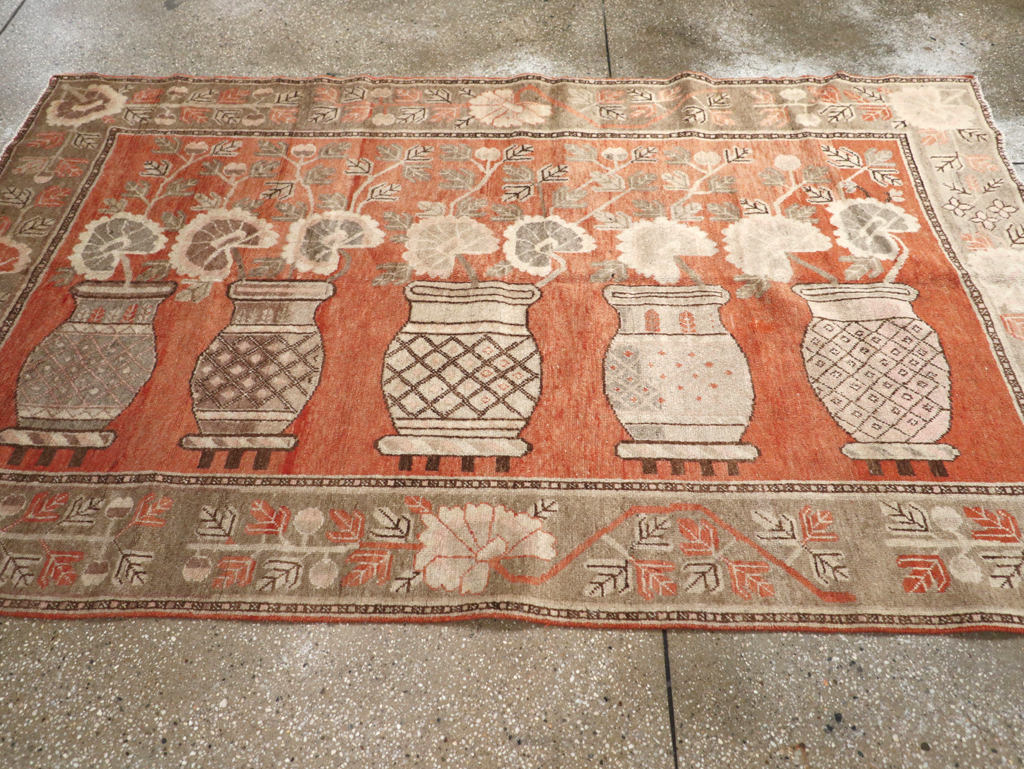 Antique East Turkestan Pictorial Vase Khotan Accent Rug, No.31791 - Staging