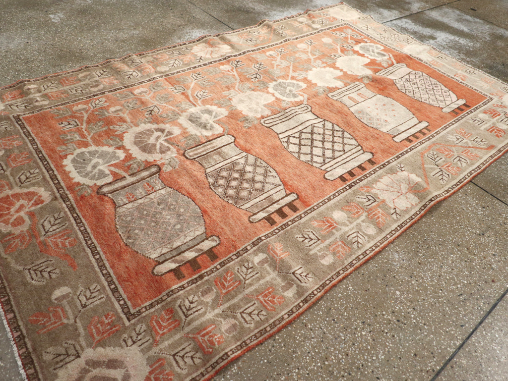 Antique East Turkestan Pictorial Vase Khotan Accent Rug, No.31791 - Staging