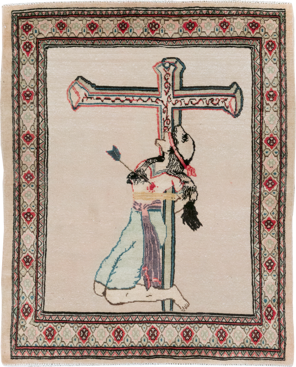 Vintage Persian Tabriz Souf Pictorial Throw Rug, No.31834 - Staging