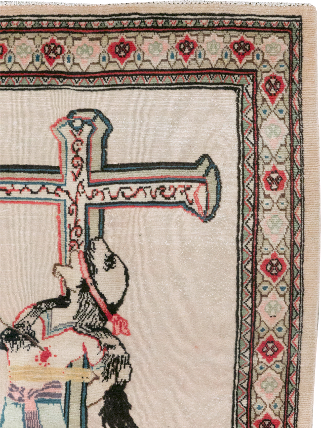 Vintage Persian Tabriz Souf Pictorial Throw Rug, No.31834 - Staging