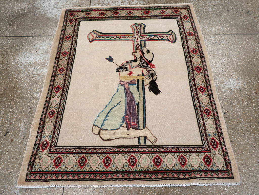 Vintage Persian Tabriz Souf Pictorial Throw Rug, No.31834 - Staging