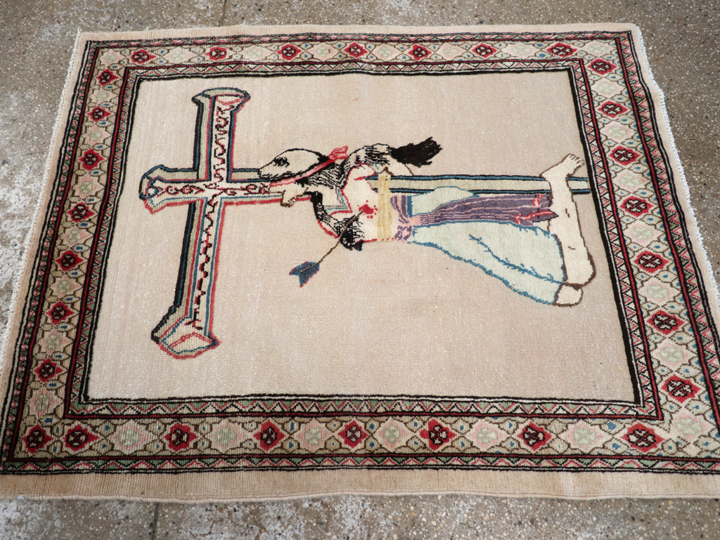 Vintage Persian Tabriz Souf Pictorial Throw Rug, No.31834 - Staging