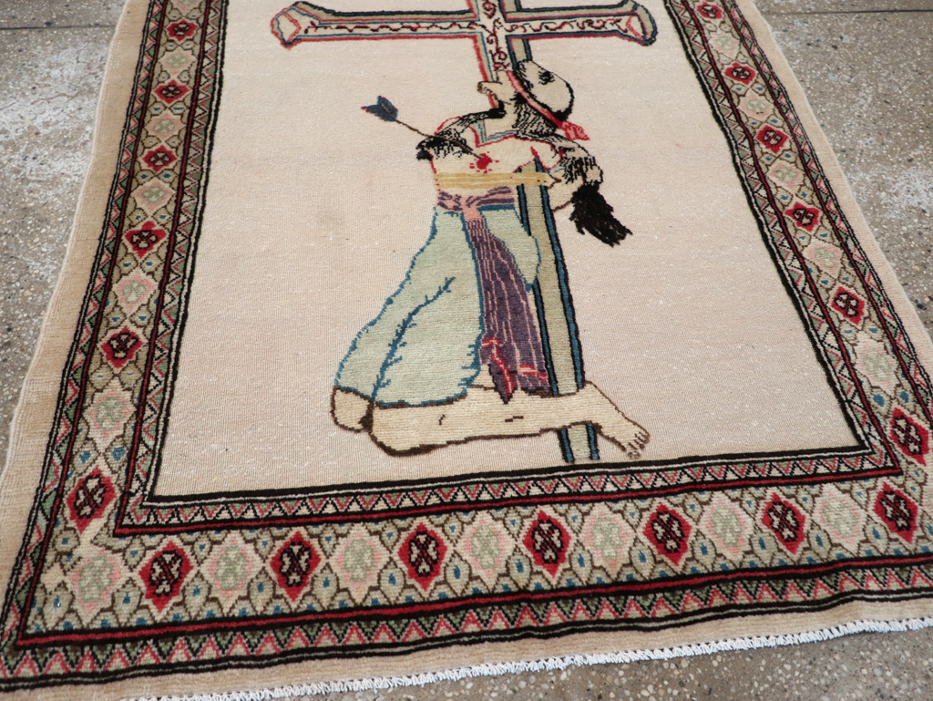 Vintage Persian Tabriz Souf Pictorial Throw Rug, No.31834 - Staging