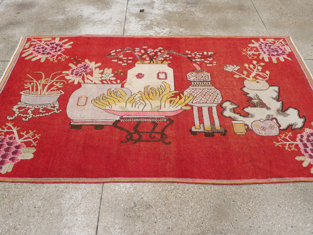 Antique East Turkestan Pictorial Vase Khotan Rug, No.31879 - Staging