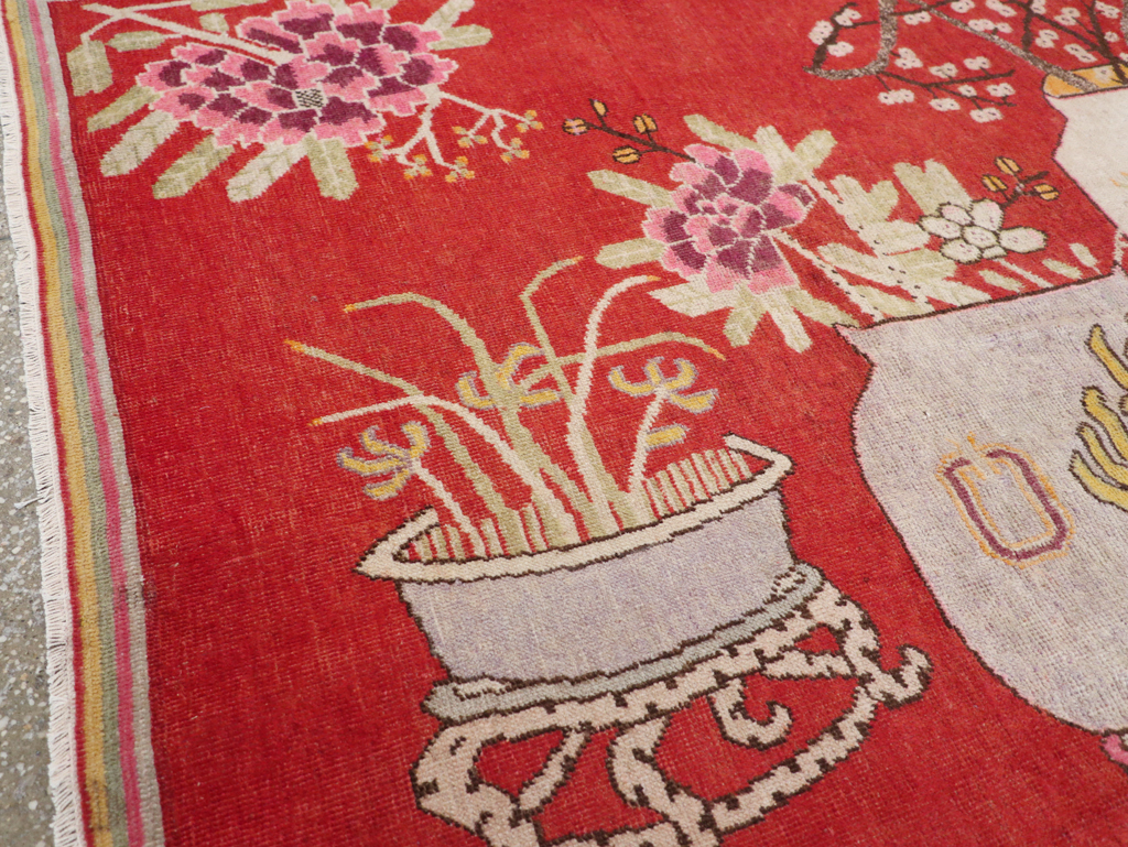 Antique East Turkestan Pictorial Vase Khotan Rug, No.31879 - Staging