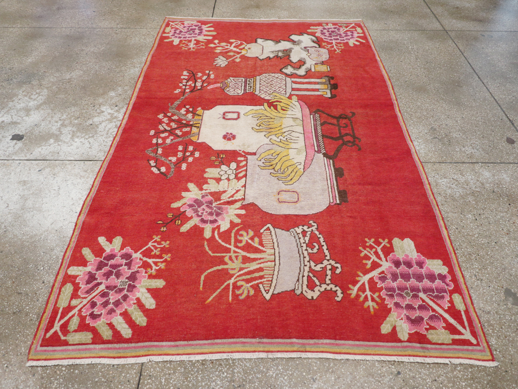 Antique East Turkestan Pictorial Vase Khotan Rug, No.31879 - Staging