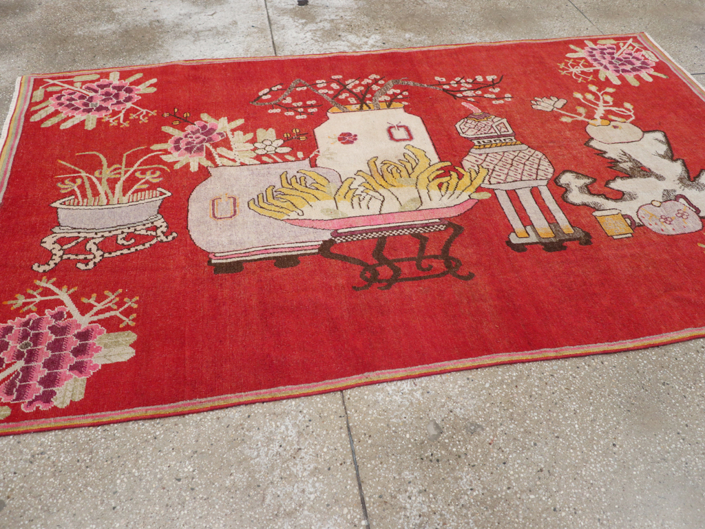 Antique East Turkestan Pictorial Vase Khotan Rug, No.31879 - Staging