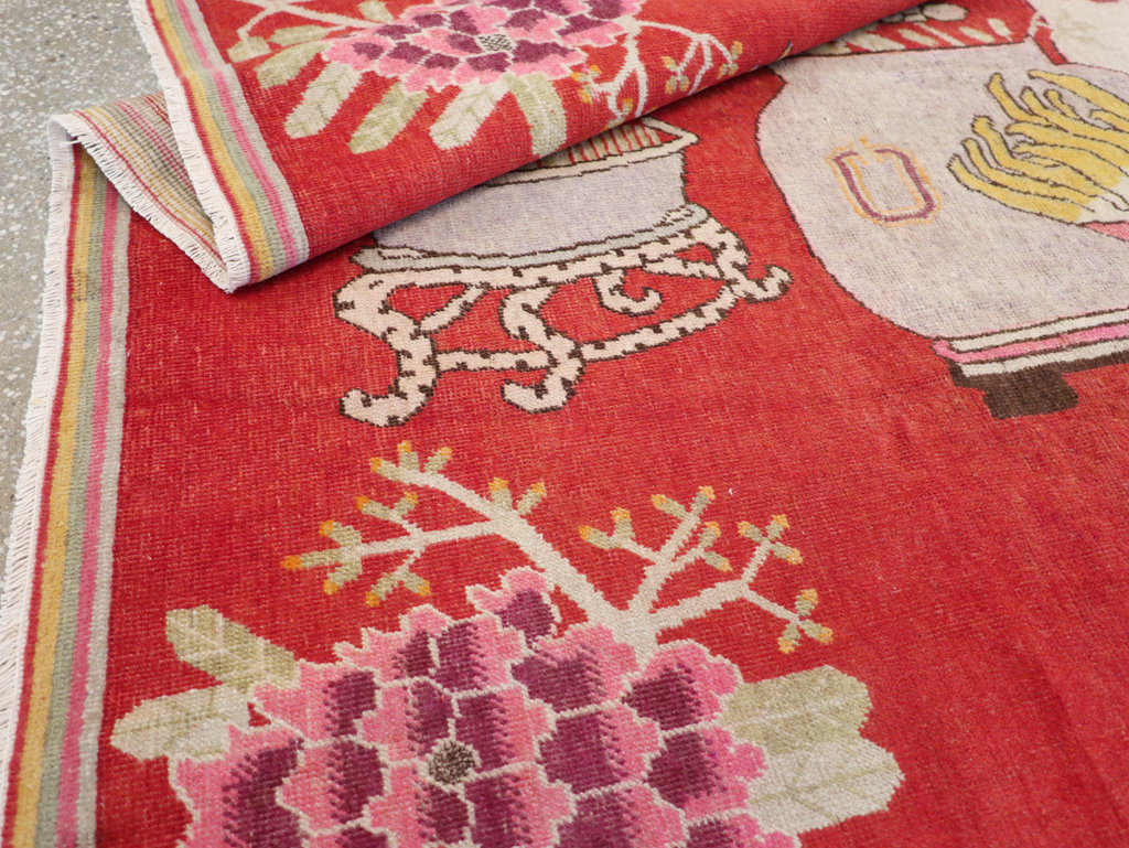 Antique East Turkestan Pictorial Vase Khotan Rug, No.31879 - Staging