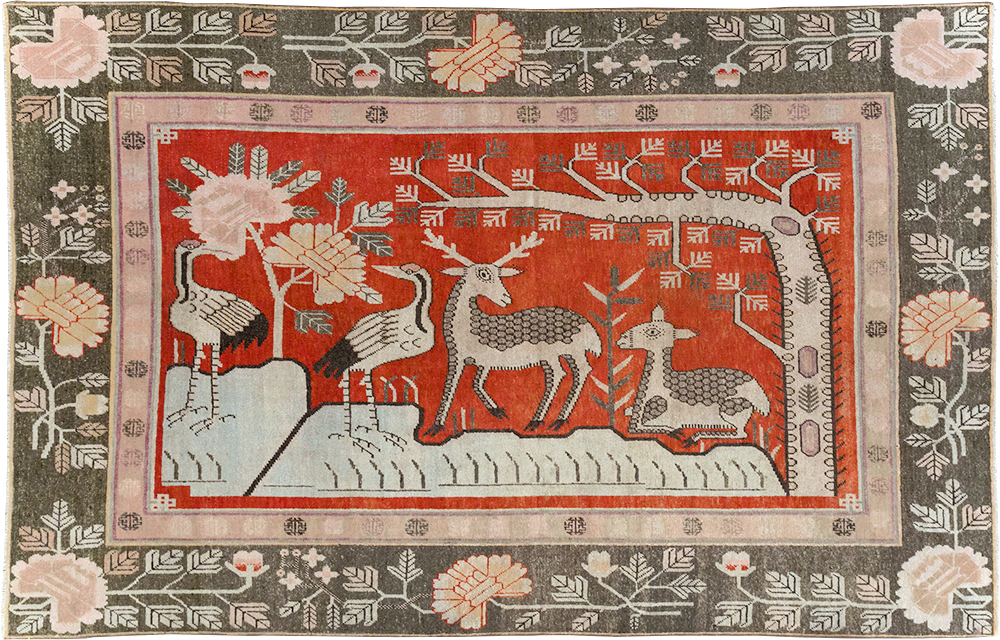 Vintage East Turkestan Khotan Pictorial Accent Carpet, No.31880 - Staging