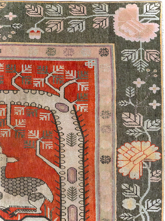 Vintage East Turkestan Khotan Pictorial Accent Carpet, No.31880 - Staging