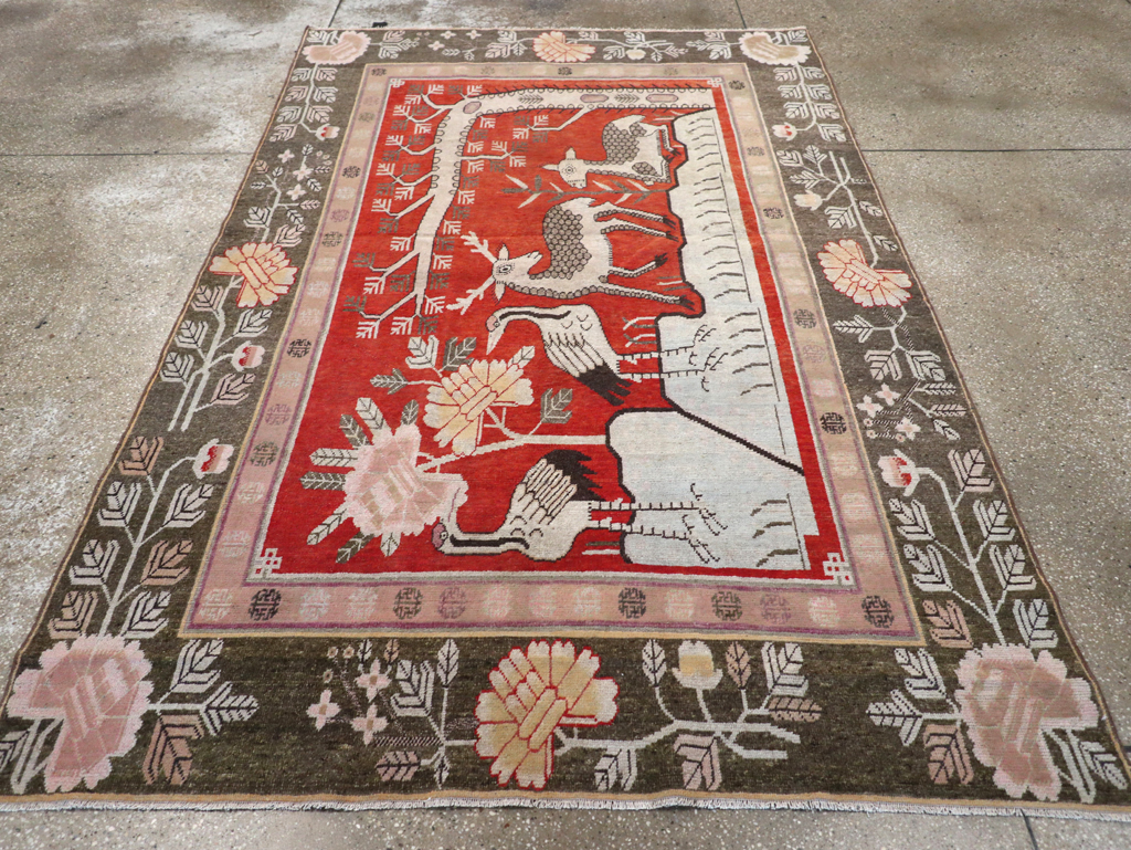 Vintage East Turkestan Khotan Pictorial Accent Carpet, No.31880 - Staging